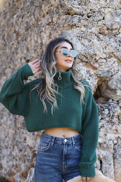 bytugcekaya Pulover cu fermoar verde petrol - Crop Cut