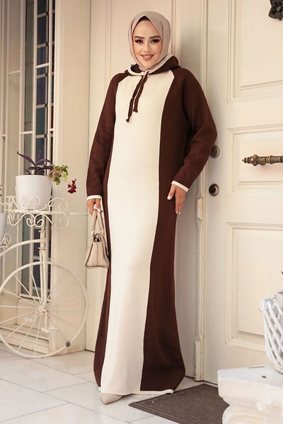Neva Style Rochie tricotată Hijab de culoare bloc maro - 24461KH