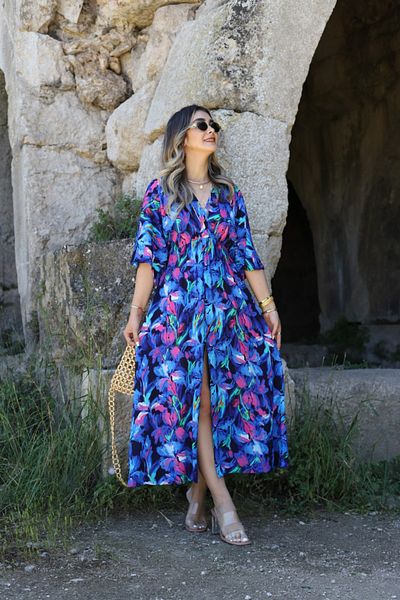 bytugcekaya Flare Sleeve and Slit Detailed Saxe Colored Dress