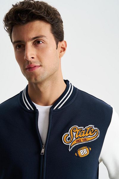 Arma Navy Blue Cotton Men's Coat - Stand Collar Printed College Sweatshirt K with Pockets 28264650401