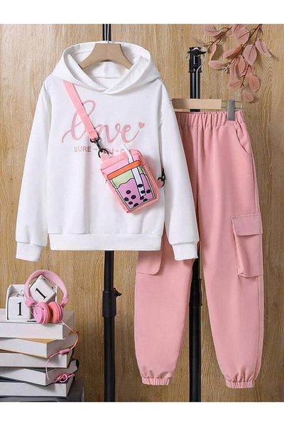 Keywest Children's Love Printed Oversize Hooded Sweatshirt Tracksuit Set