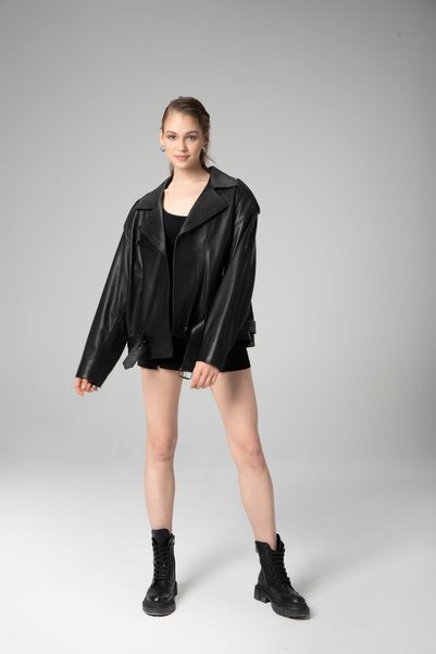 Dericlub Pamela Unisex Jumbo Oversize Biker Hakiki Deri Mont Siyah
