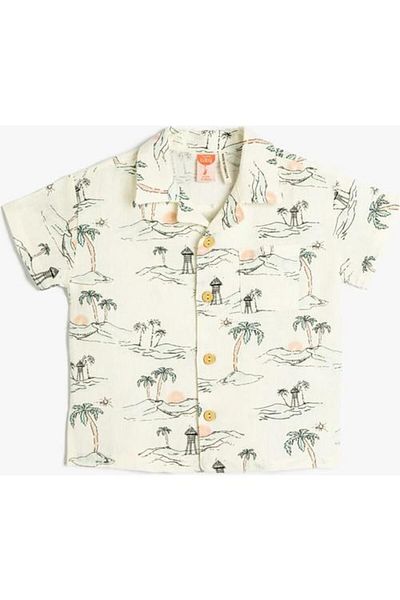 Koton Baby Boy Short Sleeve Summer Themed Printed Pocket Detailed Linen Shirt 3smb60087tw
