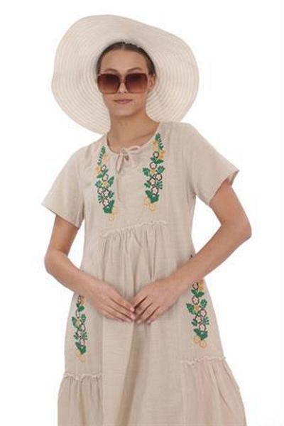 Bohem Stil Rochie de lin brodată cu guler rotund cu jumatate de Mânecă