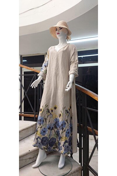 Bohem Stil Ιταλικό λινό φόρεμα με ψηφιακή εκτύπωση με μακριά λαιμόκοψη