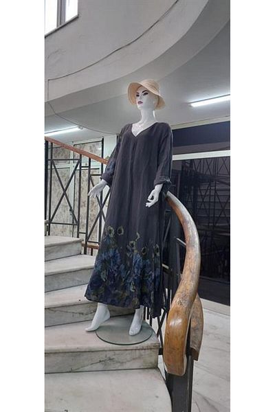 Bohem Stil Long Kolen V-neck Digital Printed Italian Linen Dress