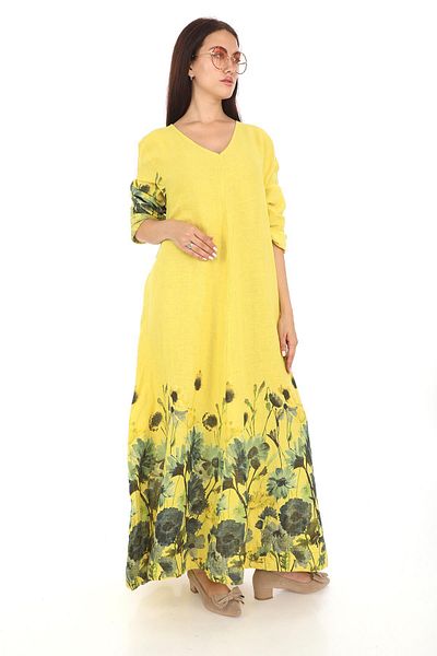 Bohem Stil Long Kolen V-neck Digital Printed Italian Linen Dress