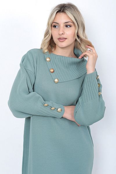 LUGMO Tricotaj Rochie lungă damă guler cu nasturi verde mentă