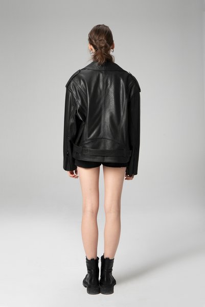 Dericlub Pamela Unisex Jumbo Oversize Biker Hakiki Deri Mont Siyah