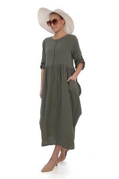 Bohem Stil Rochie cu mânecă lungă din in, cu gât rotund