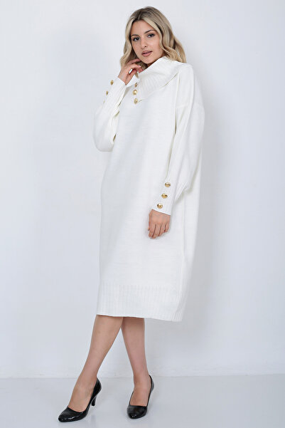 LUGMO Πλεκτά Μακρύ Γυναικείο Φόρεμα γιακά με Κουμπιά Εκρού