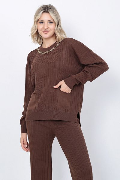 LUGMO Tricotaj de damă cu buzunare cu lanț Pulover Pantaloni Oversize Maro