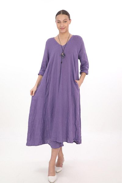 Bohem Stil Italian V-neck Long Sleeve Linen Dress