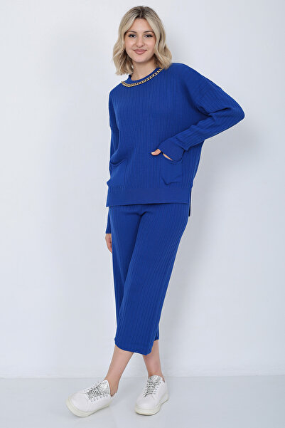 LUGMO Tricotaj de damă cu buzunare cu lanț Pulover Pantaloni Oversize Albastru