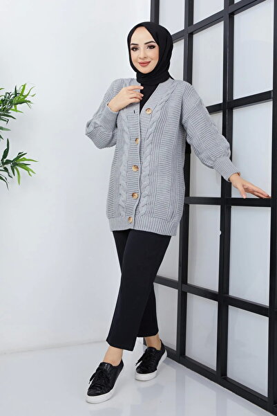 LUGMO Kadın Triko Hırka Akrilik Iplik 80 Cm Saç Örgülü Gri