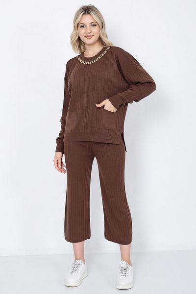 LUGMO Tricotaj de damă cu buzunare cu lanț Pulover Pantaloni Oversize Maro