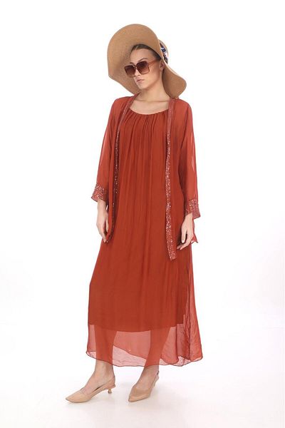 EREN STYLE Hanging Silk Dress & Sequin Sequined Cap 2 Pieces Set