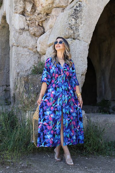 bytugcekaya Flare Sleeve and Slit Detailed Saxe Colored Dress