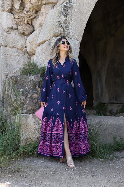 bytugcekaya Rochie cu curea albastru bleumarin cu model roz