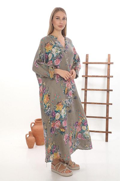 Bohem Stil Φόρεμα Bohomiyan Plus Size Ιταλικό μακρύ ψηφιακό λουλουδάτο λινό πουκάμισο με λαιμόκοψη