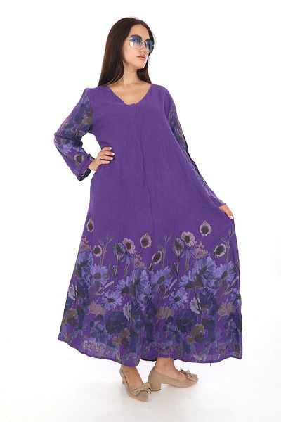 Bohem Stil Long Kolen V-neck Digital Printed Italian Linen Dress