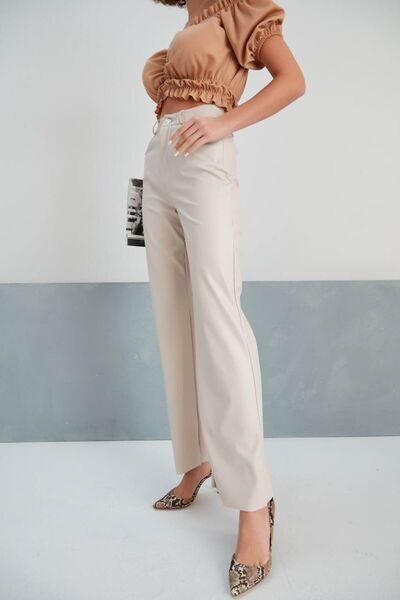 KaSheHa Cream Back Elastic High Waist Tube Long Button Detailed Leather Pants 105 cm