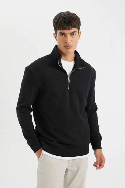 DeFacto Schwarzes Komfort-Sweatshirt mit normaler Passform, bequemer Passform, Stehkragen, Reißverschluss, dick, Basic, einfarbig, 25k801t01292