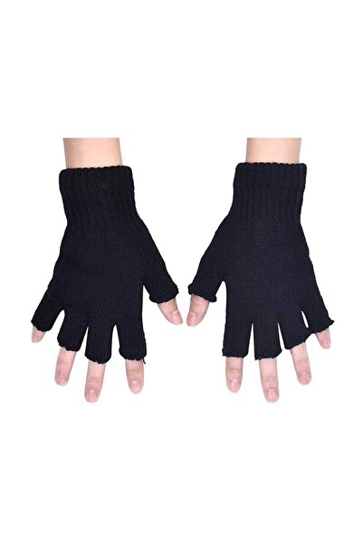 teknoparkx Half Finger Cut Black Gloves Unisex 1 Pair Warm Wool Winter Women Men