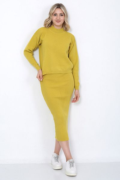 LUGMO Mustard Colored Women's Knitwear Zigzag Striped Sweater and Skirt Set - Oversize