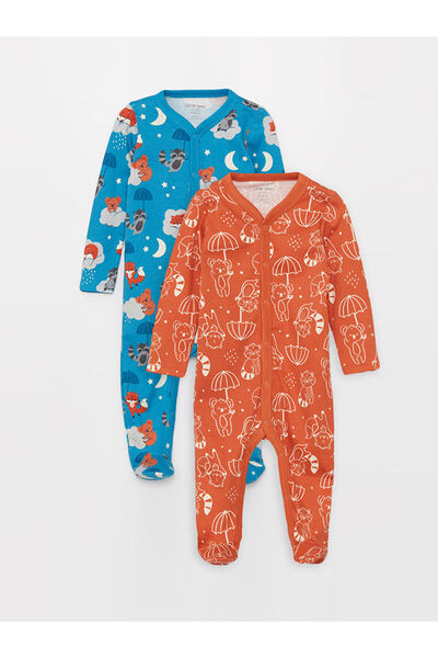 LC Waikiki Bedruckter Baby-Jungen-Strampler mit V-Ausschnitt und langen Ärmeln im 2er-Pack