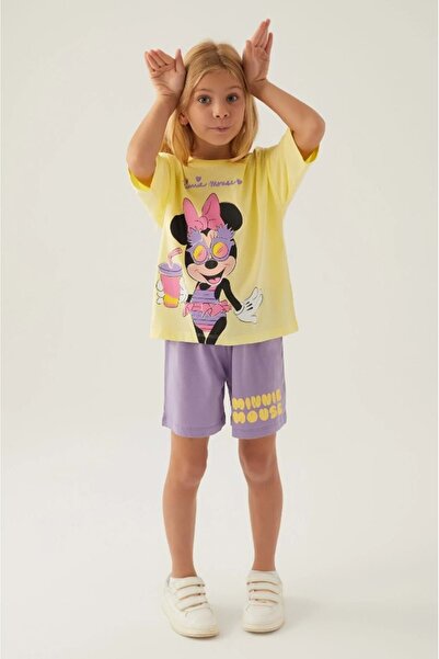 Minnie Mouse Lisanslı D4888 Glasses T-shirt Ve Şort Alt Üst Kız Çocuk Takımı Sarı