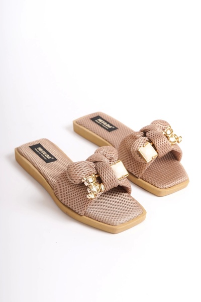 Moda Değirmeni Χρυσές γυναικείες παντόφλες κορδέλας