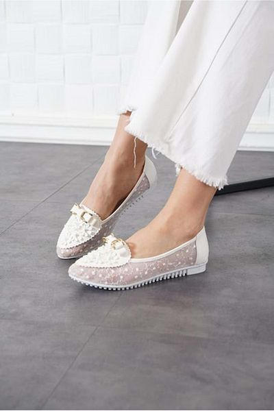 KCMN Feles Lace Threaded Women's Flat Ballet White