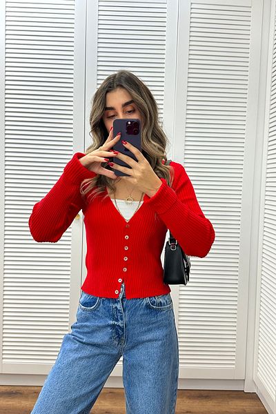 bytugcekaya Corded V Red Cardigan - Standard Size