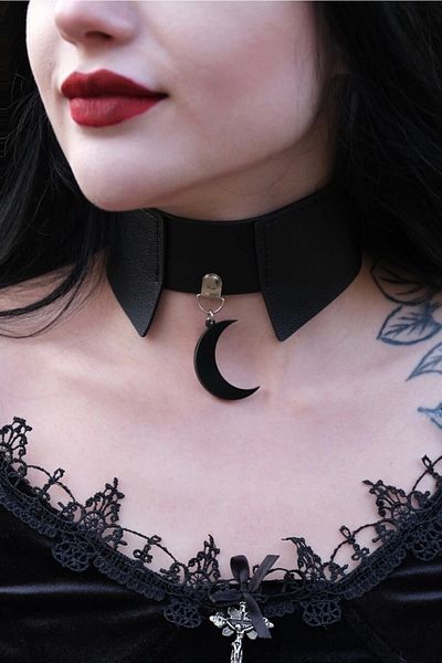 DarkellaStore Gothic Punk Collar Moon Detail Faux Leather Choker Neck Collar