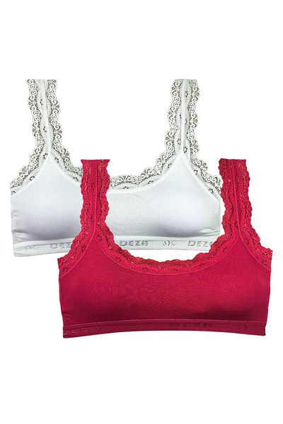 Ethab Ticaret White Burgundy 2 Pieces Lace Embroidered Bamboo Women's Bustier