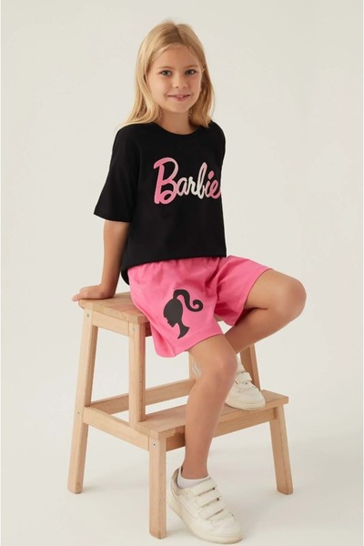 Barbie Licensed L1703 Patterned T-Shirt and Shorts Bottom Top Girl's Set Black