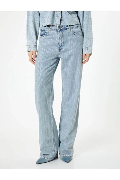 Koton Nora Longer Straight Jeans – Niedrige Taille und Jeans mit Steindetail