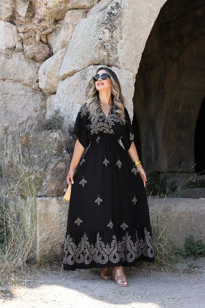 bytugcekaya Rochie neagră cu model ramuri - talie elastică