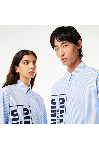 Lacoste Unisex Relaxed Fit Düğmeli Yaka Çizgili Mavi Gömlek