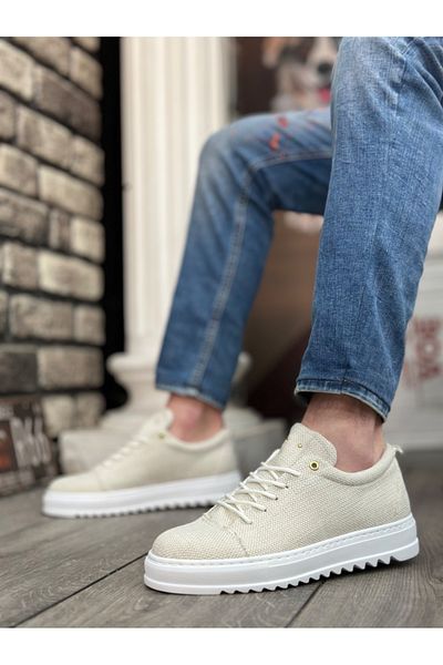 BOA BA0152 Lace-up High Sole Cream Linen Men's Shoes