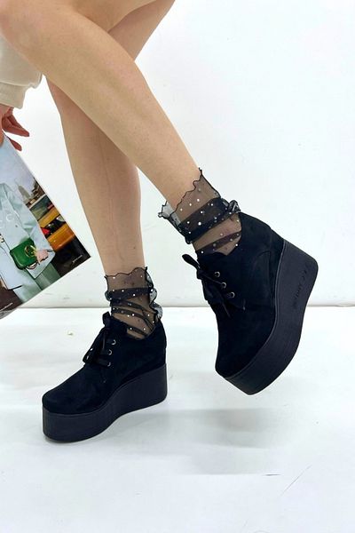 inizio Black Suede Wedge Heel Women's Shoes V4213