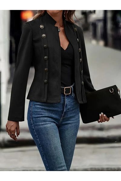 neoduno Women's Long Sleeve High Collar Short Suede Jacket with Buttons on the Sides