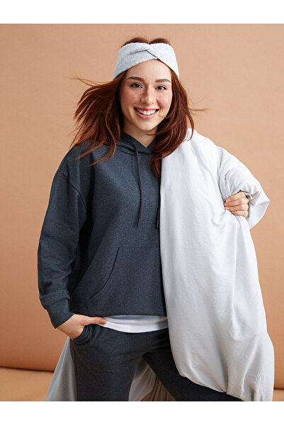 LC Waikiki Антрацит Petite права блуза с дълъг ръкав и качулка за жени