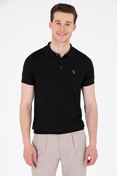 U.S. Polo Assn. Ανδρικό πλεκτό πουλόβερ μαύρο γιακά πόλο 50264628-VR046