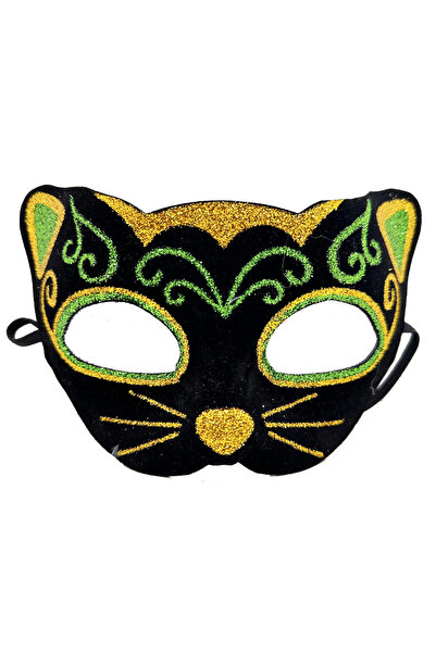 Twin Store Yellow Green Embroidered Cat Mask on Black Velvet Finish 20X13 cm