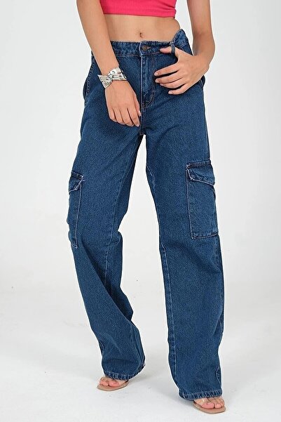 Livik Almira Dark Blue Cargo Loose Lycra Super High Waist Jean Trousers Witho...