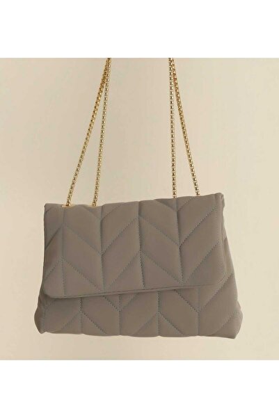 Skygo حقيبة نسائية رمادية مبطنة - حجرتين، حزام سلسلة وتفاصيل متقاطعة