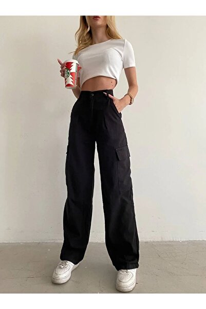 Livik Rocco Colorfast Lycra Women's Black Super High Waist Back Pocketless Model Cargo Jeans