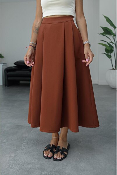 Havoş Flared Skirt - Brown, Pleat Detailed